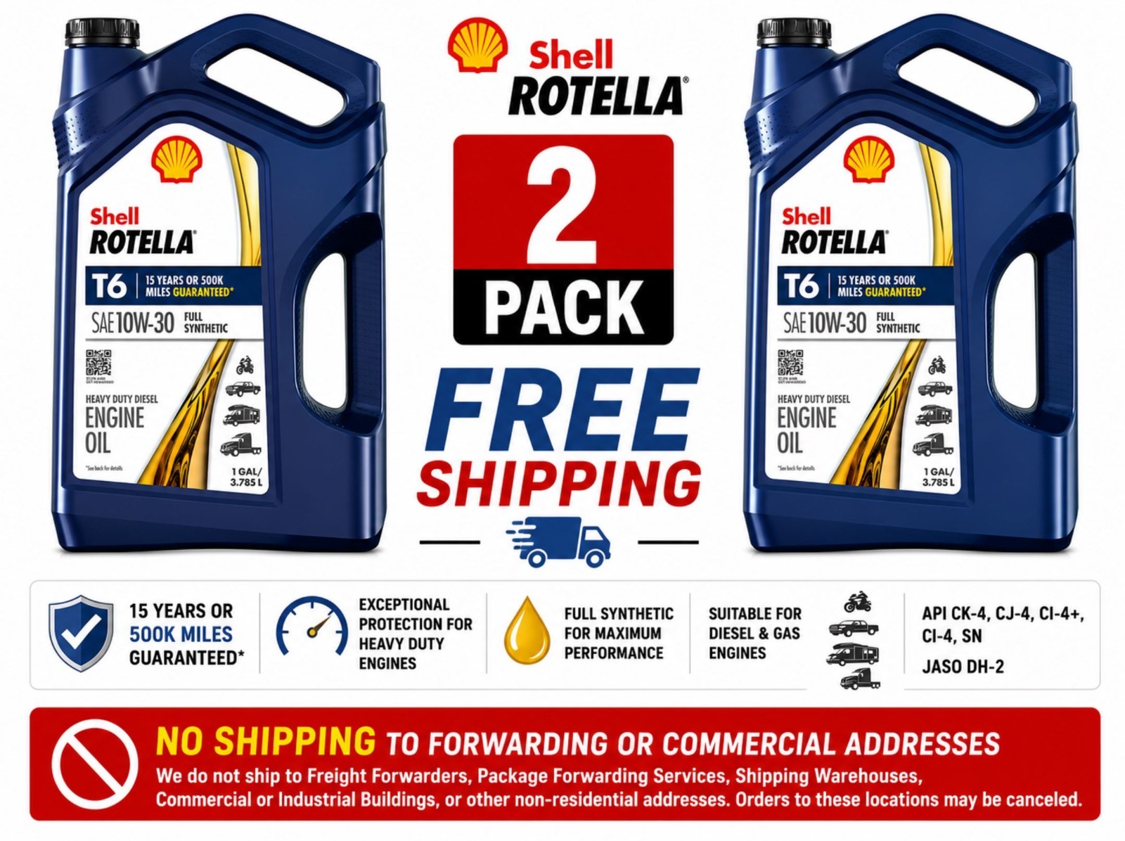 2Pack Shell ROTELLA T6 Diesel Engine Full Synthetic 10W-30 Motor Oil 1 Gallon