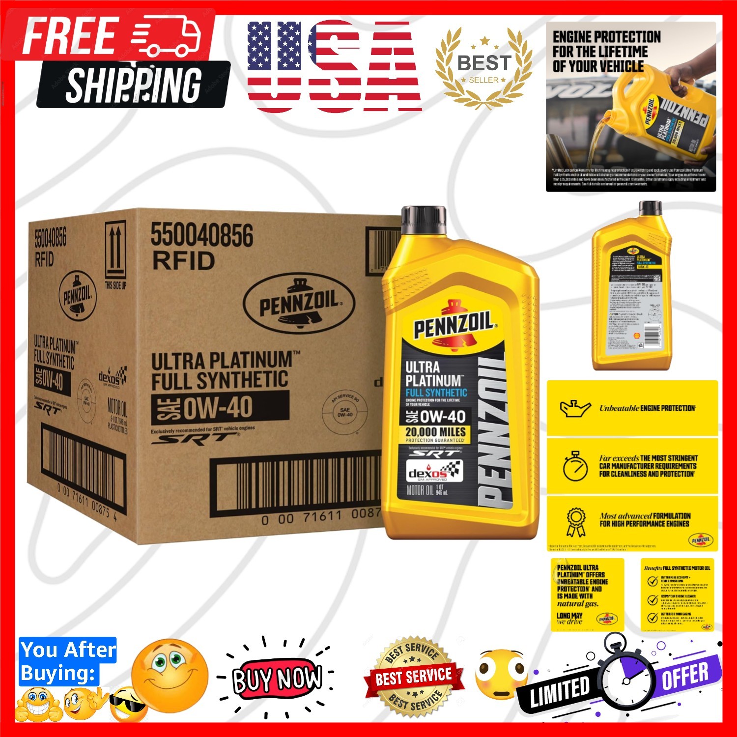 Ultra Platinum Full Synthetic 0W-40 Motor Oil, 1 Quart 6 Pack