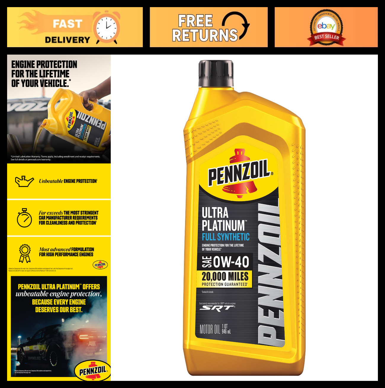 Full Synthetic 0W-40 Motor Oil – Ultra Platinum, 1 Quart – High Performance Engi