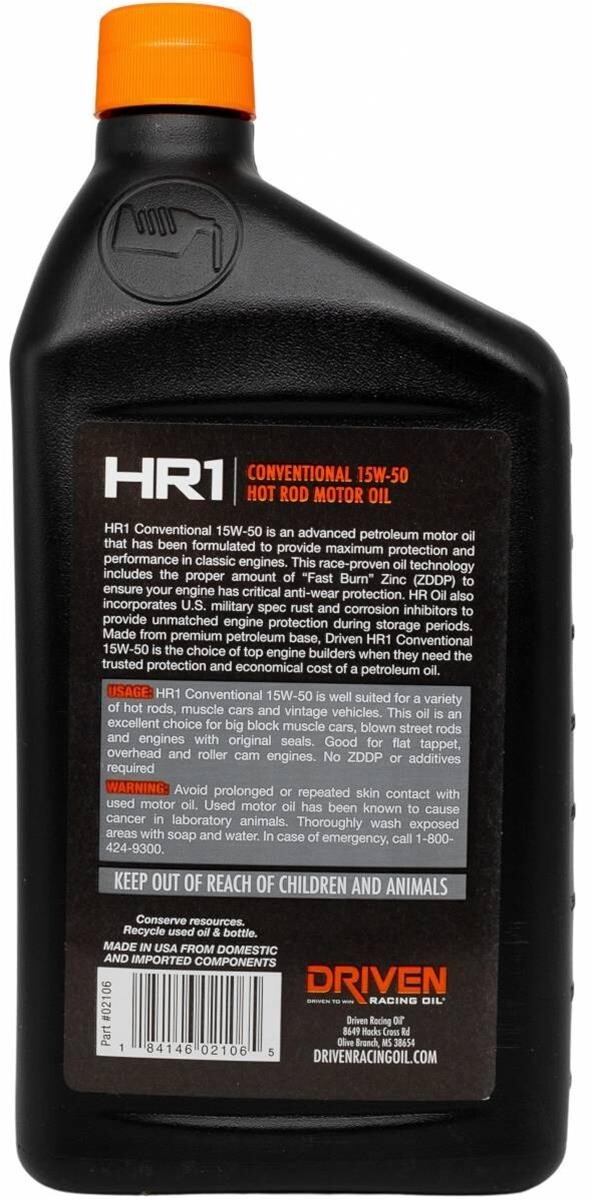 Driven HR1 15w-50 Hot Rod Oil -High ZDDP Zinc 15W50 Conventional – 12 Quart Case