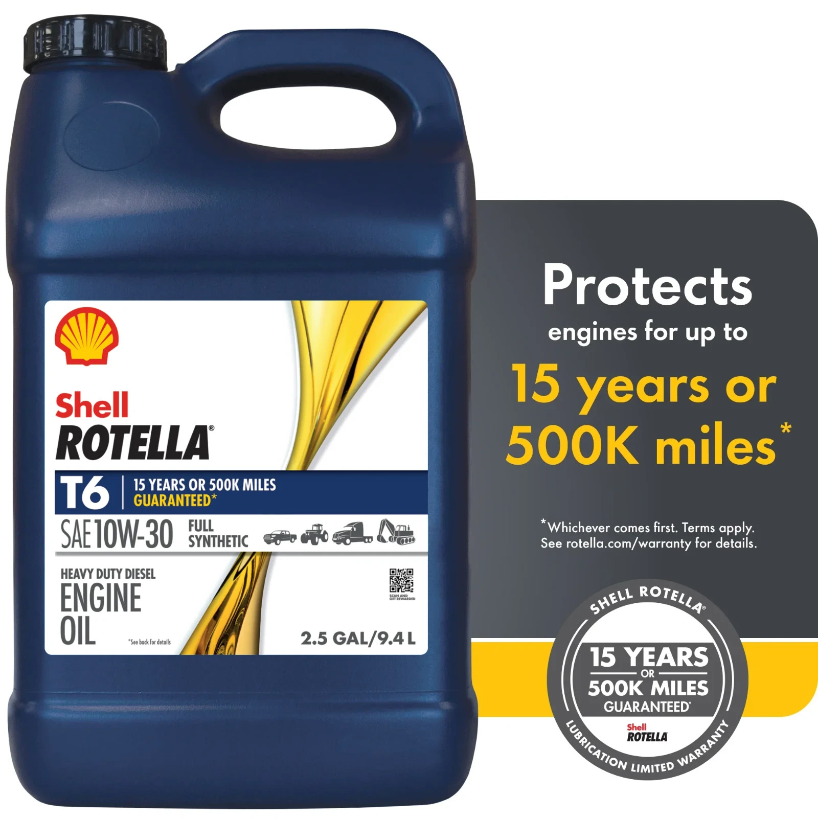 Shell Rotella T6 Full Synthetic 10W-30 Diesel Engine Oil, 2.5 Gallon