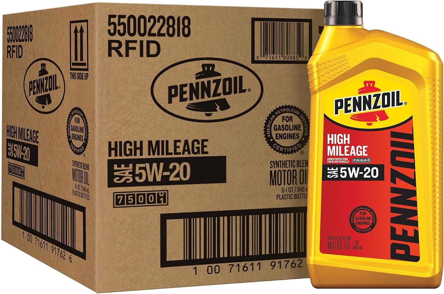 Pennzoil High Mileage 5W-20 Motor Oil, 1 Quart, CASE OF 6 BOTTLES