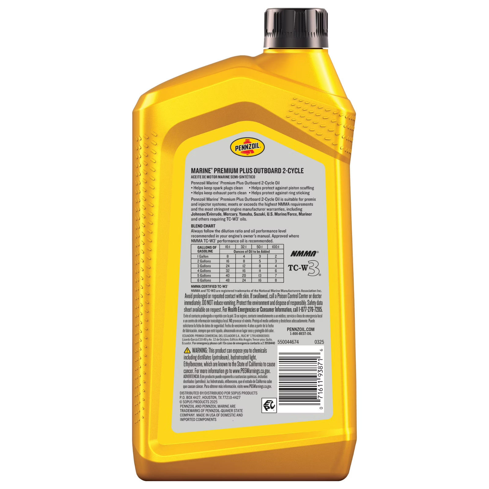 Pennzoil Marine Premium Plus 2-Cycle Synthetic Blend TC-W3 Engine Oil 1 Qt