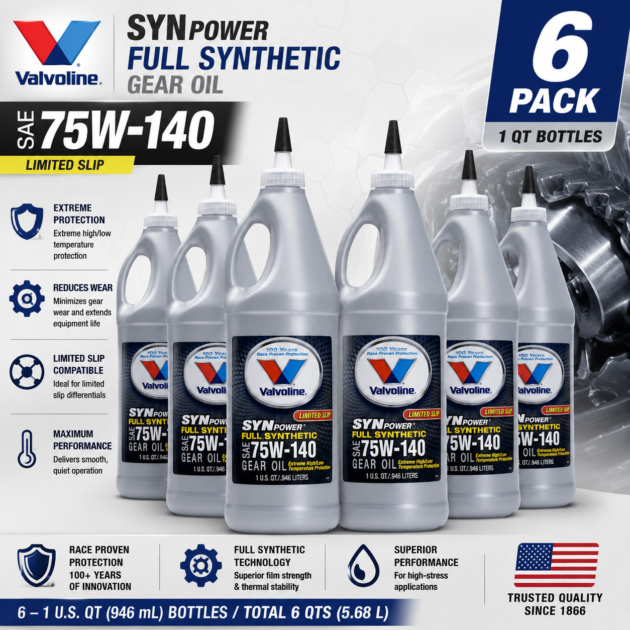 6 PACK — VALVOLINE VV982 Advanced Full Synthetic SAE 75W-140 Gear Oil; 1 Quart