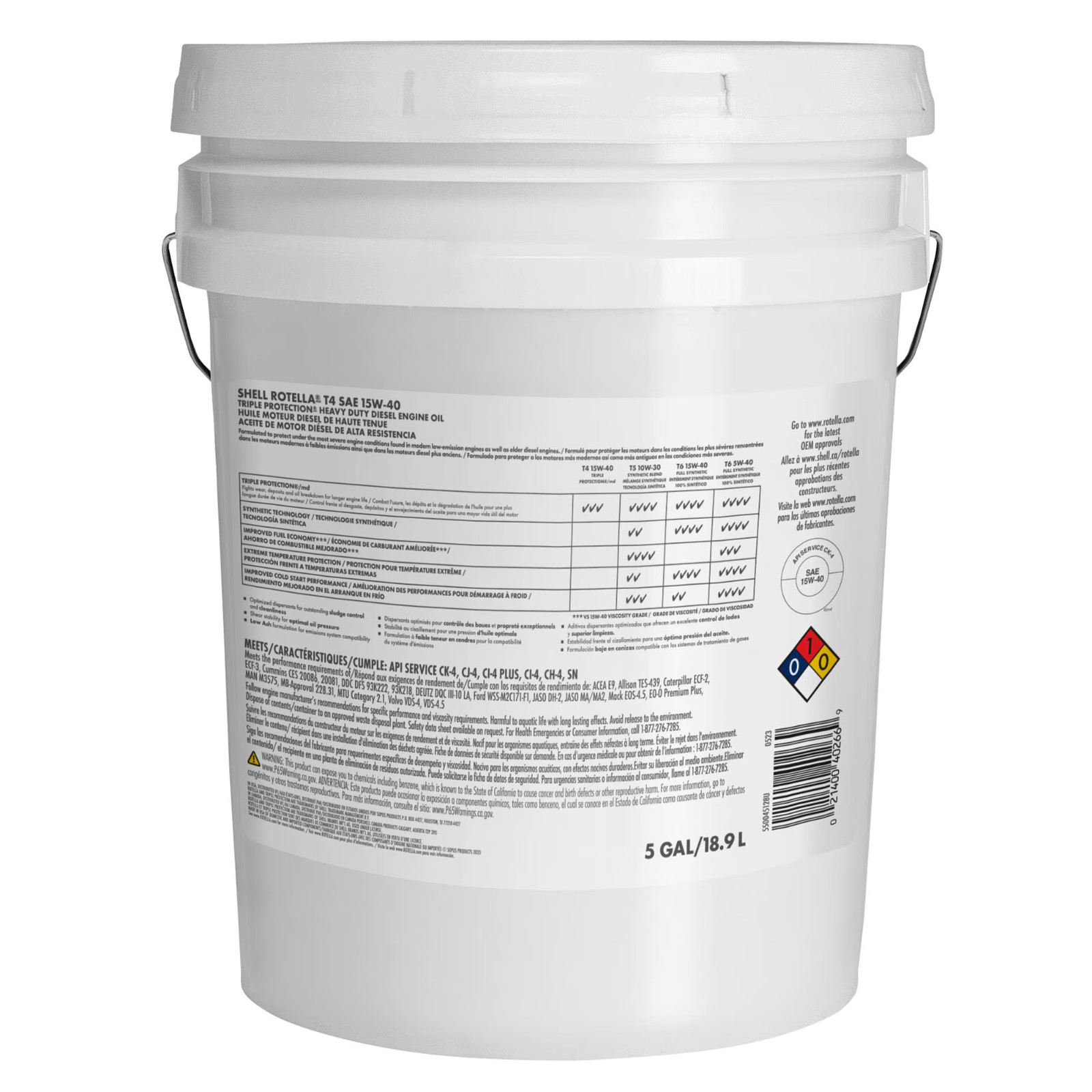 Shell Rotella T4 Triple Protection 15W-40 Diesel Engine Oil, 5 Gallon Pail