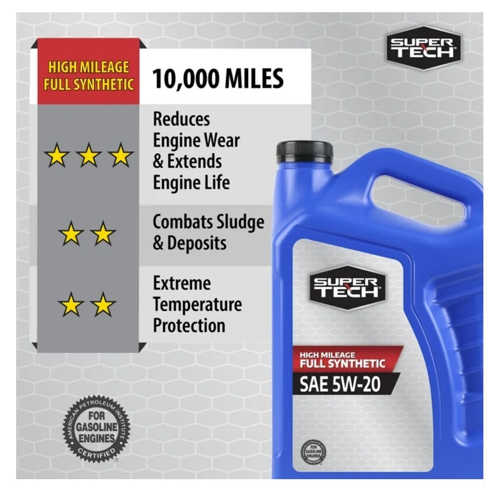 Super Tech High Mileage Full Synthetic SAE 5W-20 Motor Oil, 5 Quarts