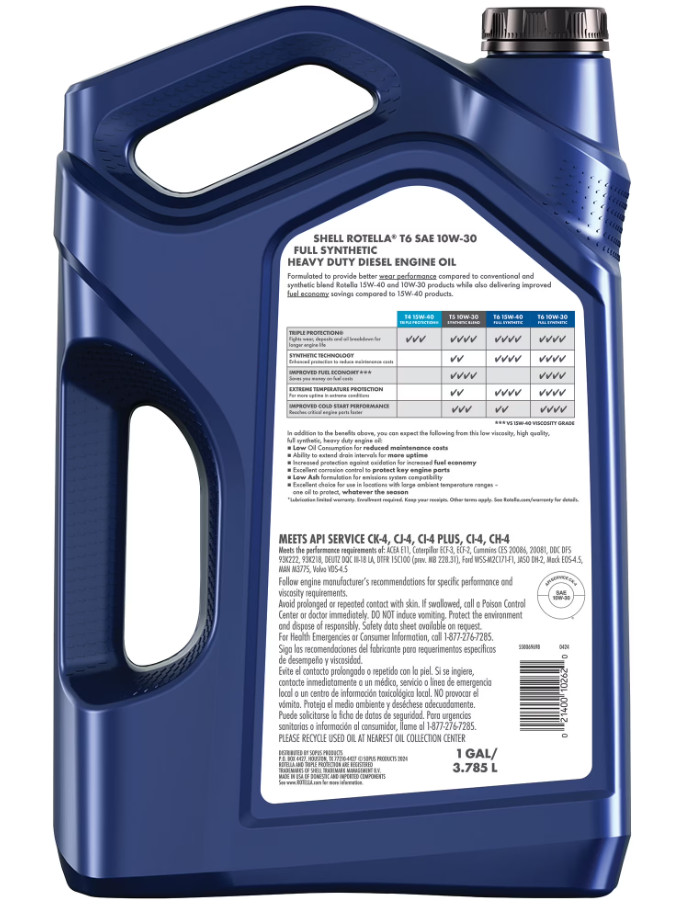 Shell Rotella T6 Full Synthetic 10W-30 Diesel Engine Oil, 1 Gallon