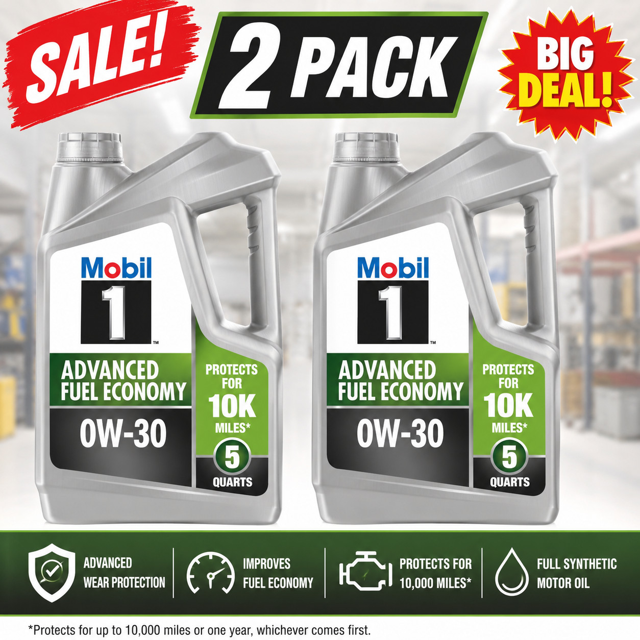 MOBIL 120761 0W30; Advanced Fuel Economy Full Synthetic Motor Oil 5 QT-SALE