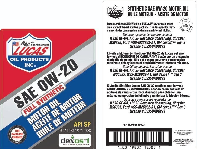 SALE- LUCAS OIL 18003 Full Synthetic Motor Oil SAE 0W-20; 6 Gallon