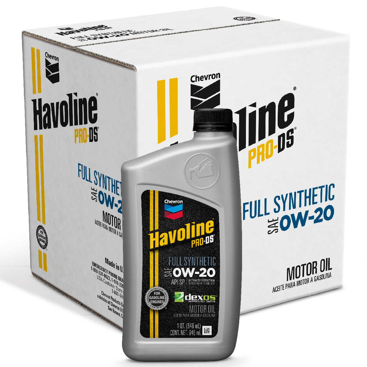 Chevron Havoline Pro DS 0W-20 Full Synthetic Motor Oil, 6 – 1 Quart Bottles