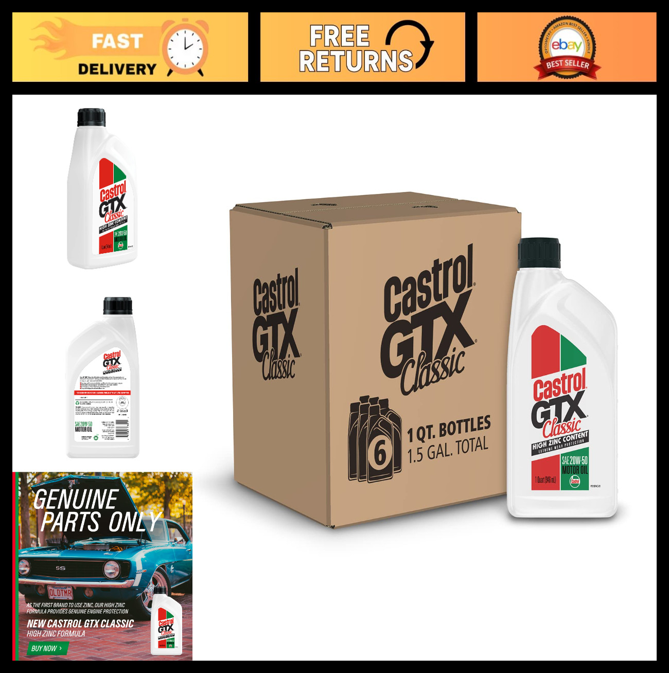 High-Performance 20W-50 Motor Oil, Conventional, 1 Quart, Pack of 6, Engine Prot