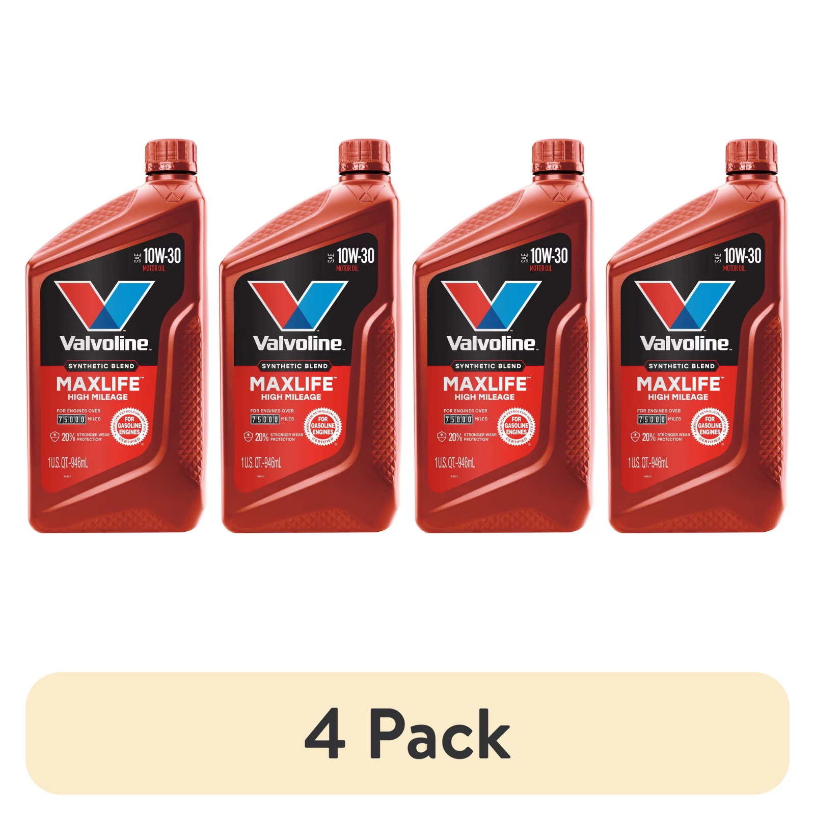 Valvoline MaxLife High Mileage 10W-30 Synthetic Blend Motor Oil 1 Quart – 4 Pack