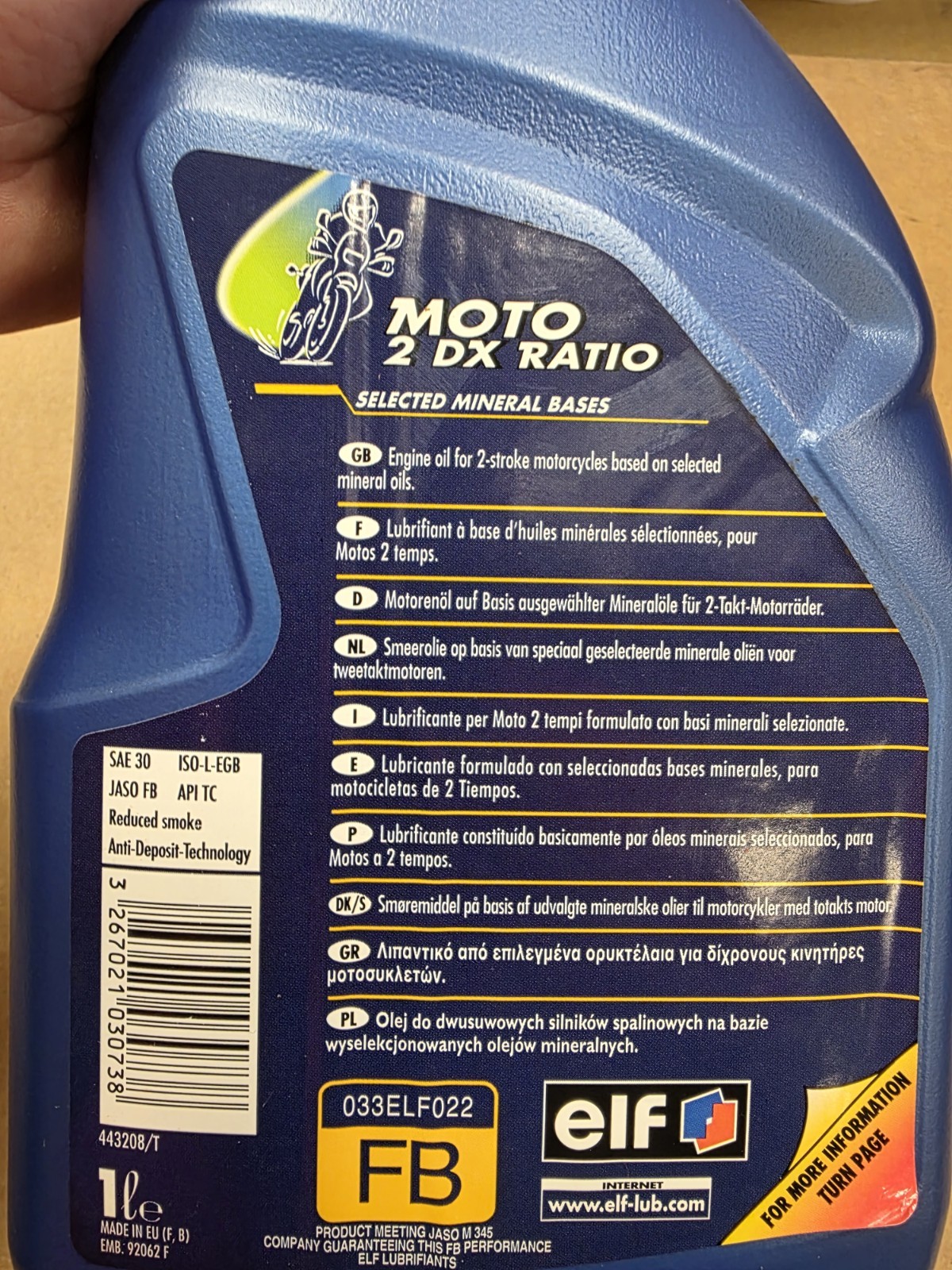 ELF Moto 2 DX Ratio 2 Stroke Oil, Selected Mineral Bases, Injector or Pre-Mix