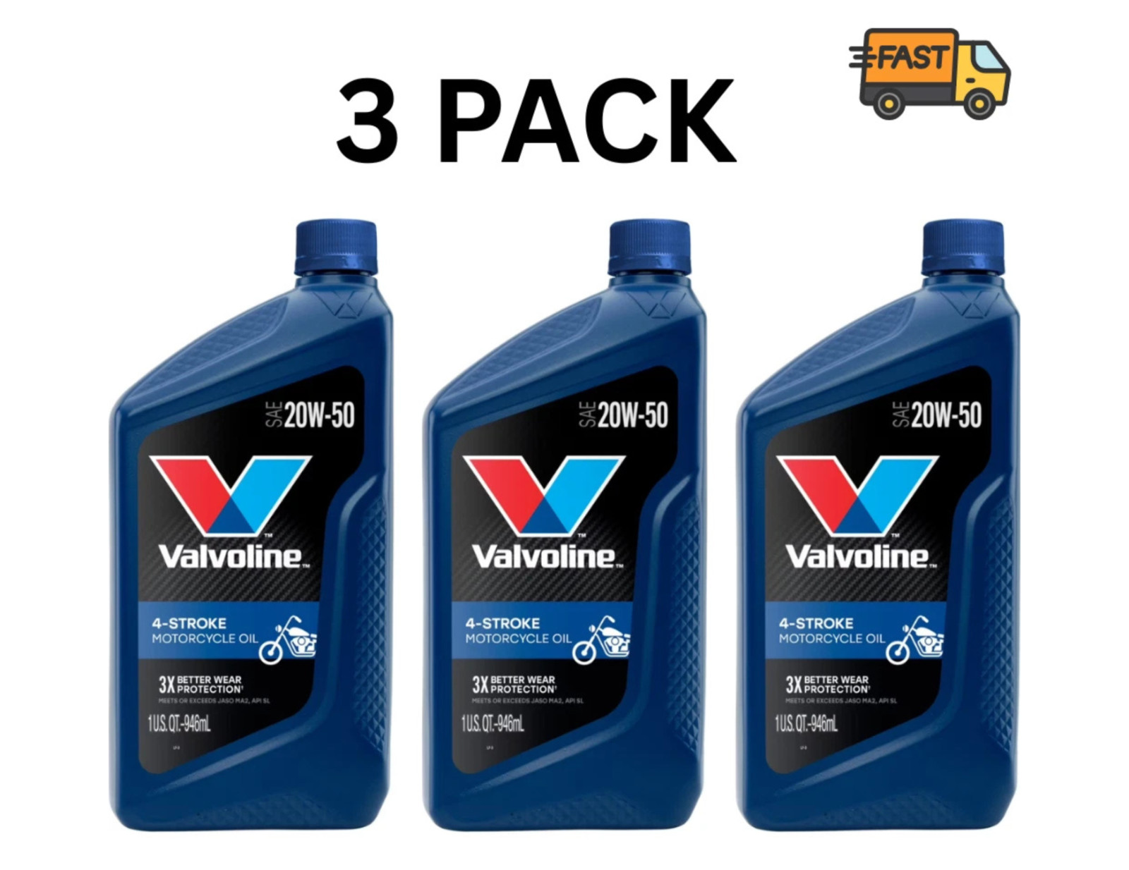 Valvoline Motorcycle Oil 20W-50 Conventional 3 Pack 1 Quart Bottles