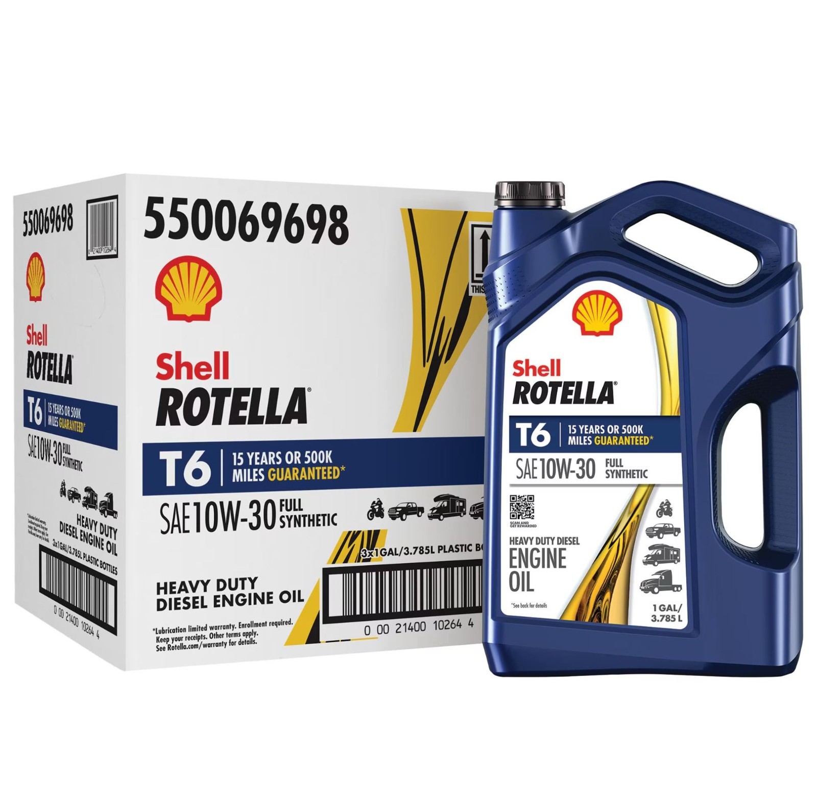 2Pack Shell ROTELLA T6 Diesel Engine Full Synthetic 10W-30 Motor Oil 1 Gallon