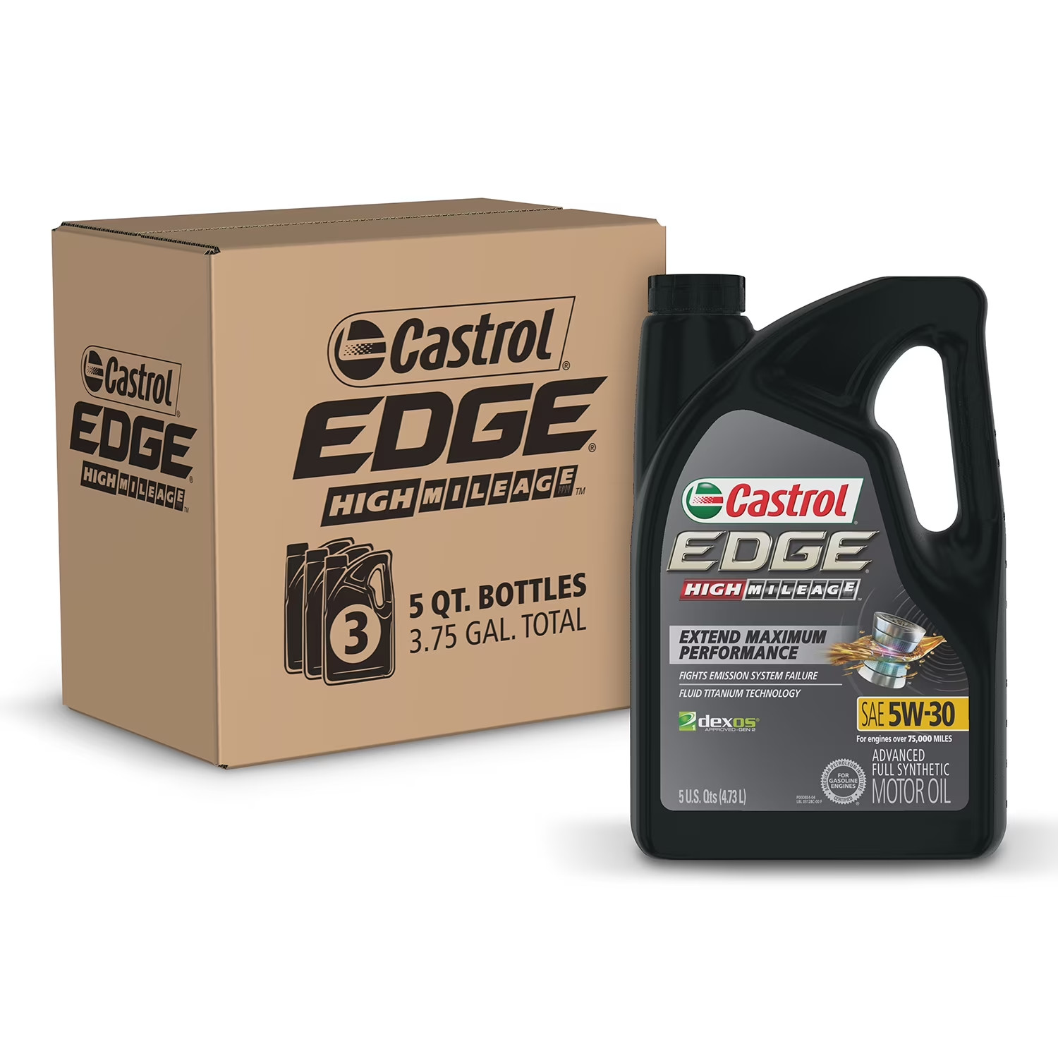 Castrol Edge High Mileage 5W-30 Advanced Full Synthetic Motor Oil, 5 QT, 3 pack