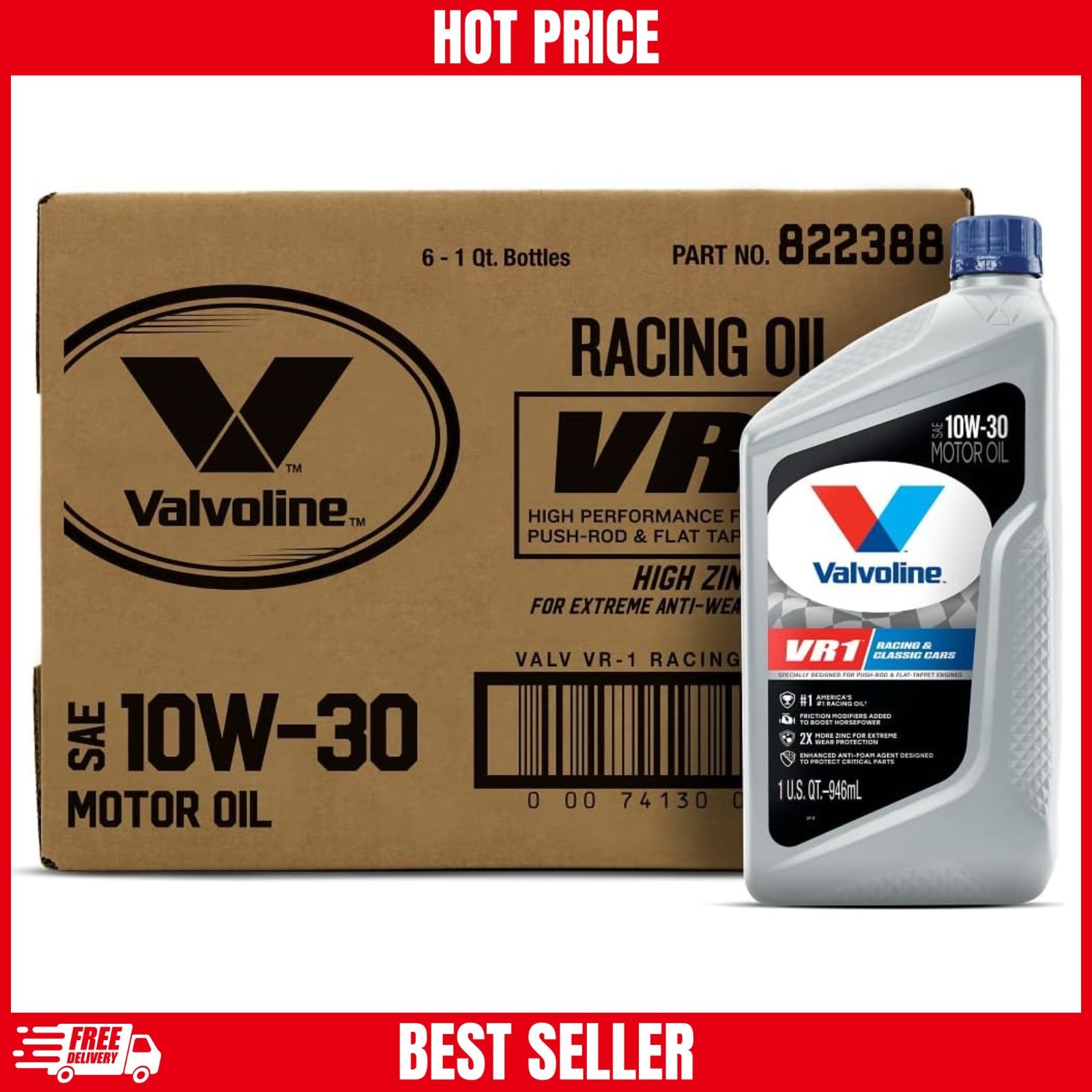 Valvoline VR1 Racing SAE 10W-30 Motor Oil 1 QT, Case of 6, 32 Fluid Ounces, NEW
