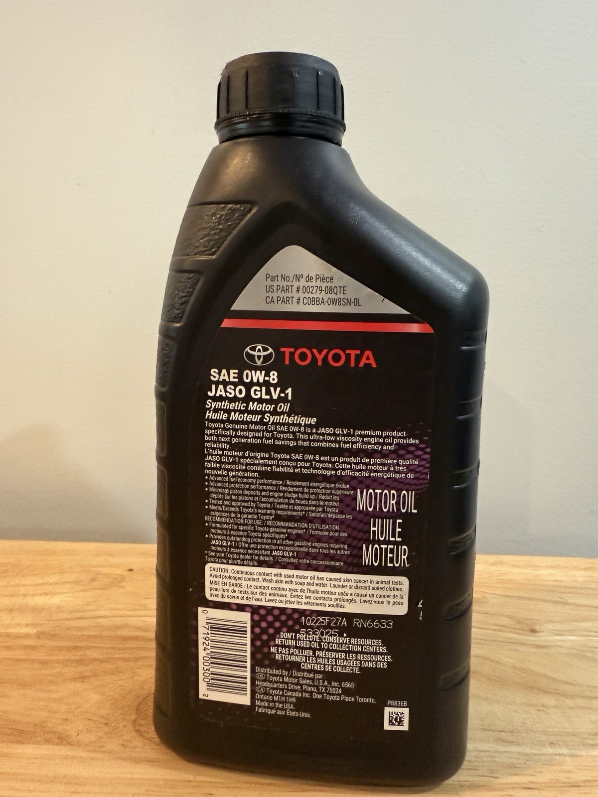 TOYOTA SAE 0W-8 JASO GLV-1 SYNTHETIC MOTOR OIL ~ 1QT.