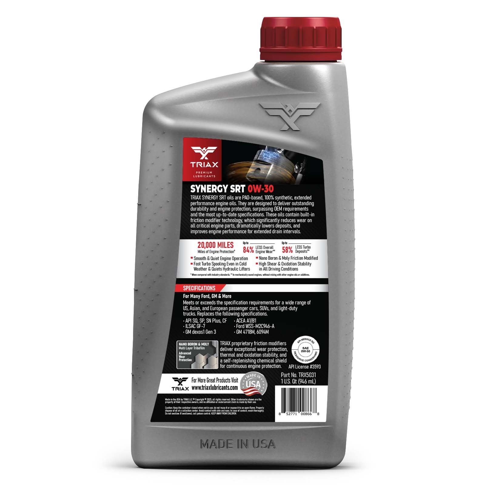 Triax Synergy SRT 0W-30 Full Synthetic PAO and Ester Engine Oil (6 Quart Pack)
