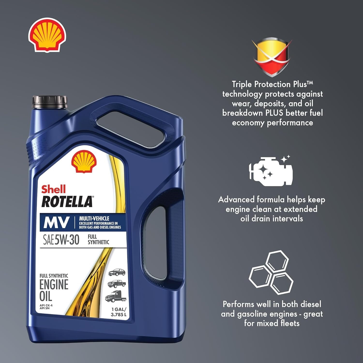 Shell Rotella MV Multi-Vehicle Full Synthetic 5W-30 Diesel Engine Oil – 3 Pack