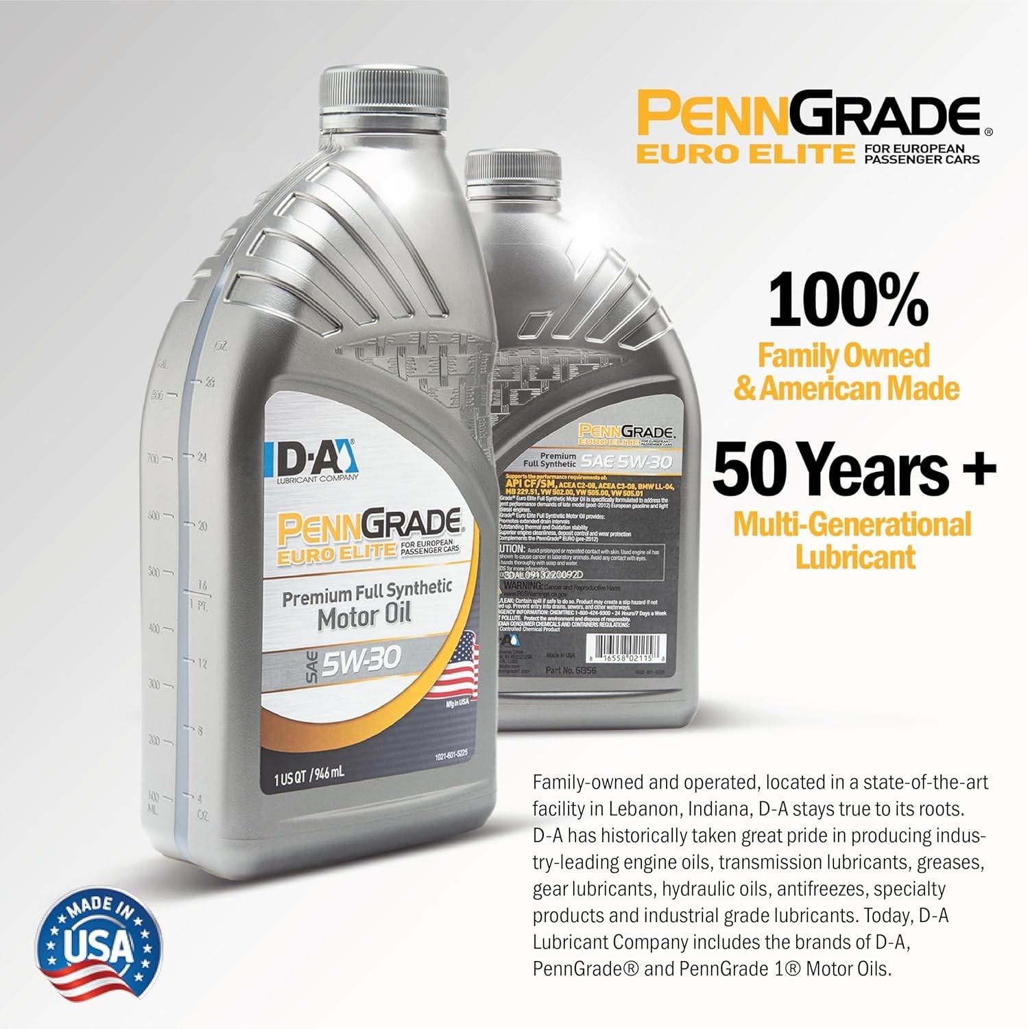 PENN GRADE 1 | 61355 | Euro Elite Full Synthetic Motor Oil SAE 5W-30 | 6 Gallon