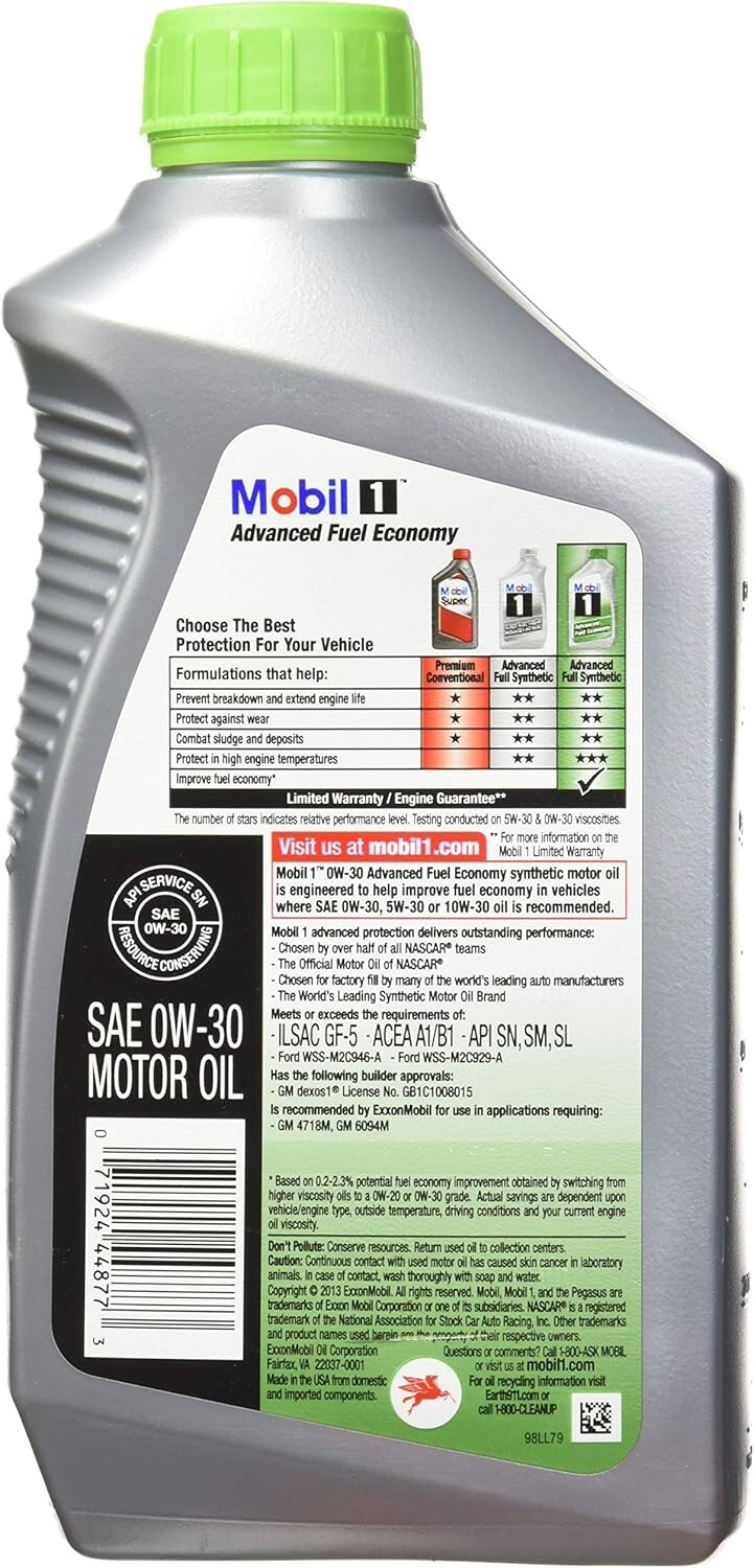 Mobil 1 0W-30 (Advanced Fuel Economy) Synthetic Motor Oil – 1 Quart (Pack of 6)