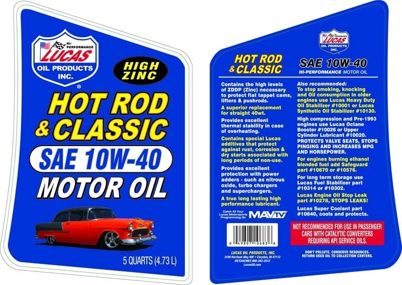 Lucas Oil 10683 Hot Rod & Classic Car SAE 10W-40 Motor Oil – 5 Quart (Pack of 3)