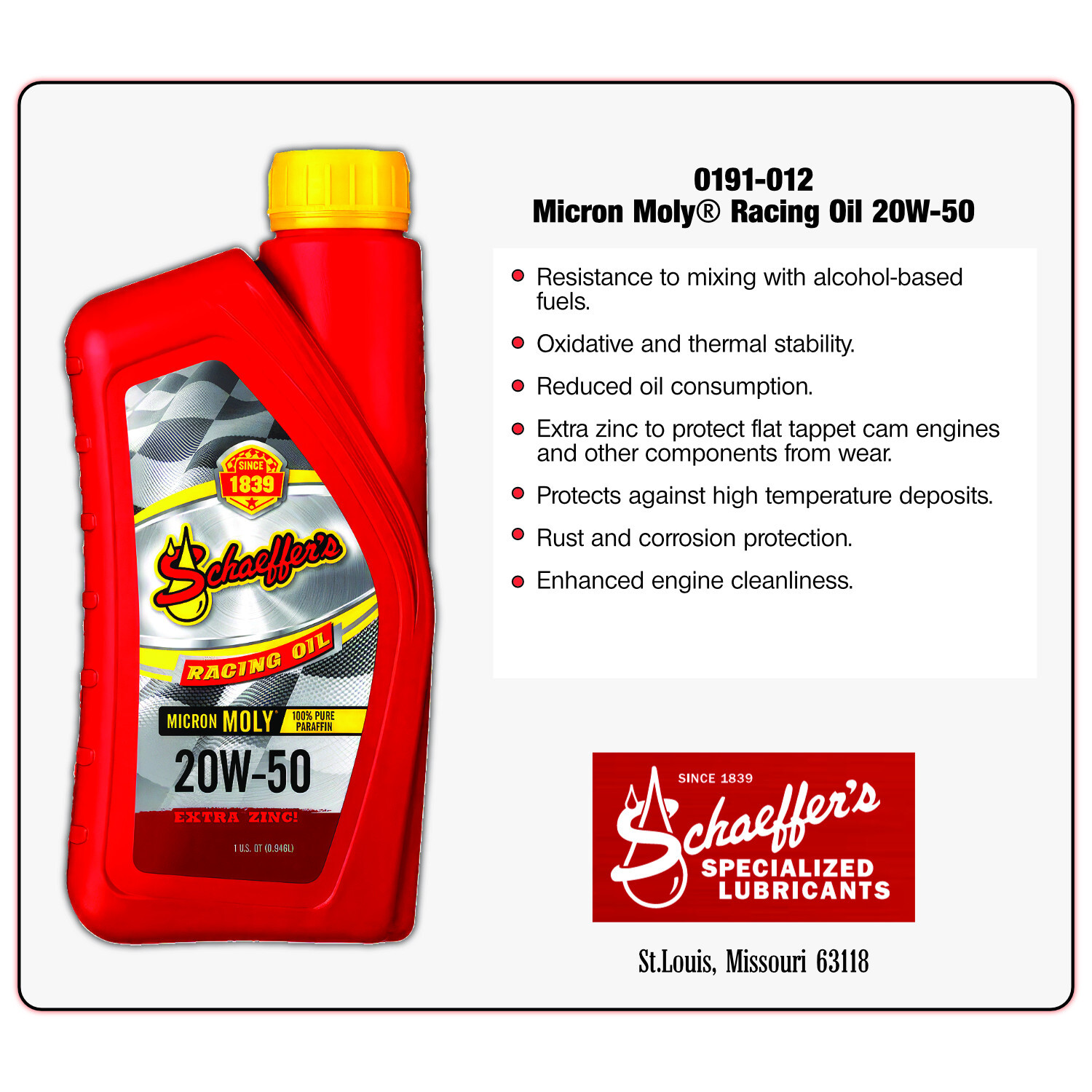 Schaeffer Motor Oil 191 Micron Moly® Racing Oil 20W-50 – 12-pack Case