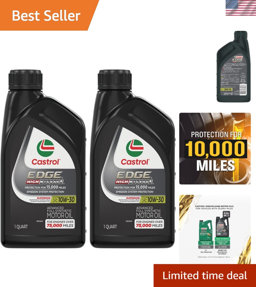 Edge High Mileage 10W-30 Full Synthetic Motor Oil, 2 Quart Pack for Optimal P…