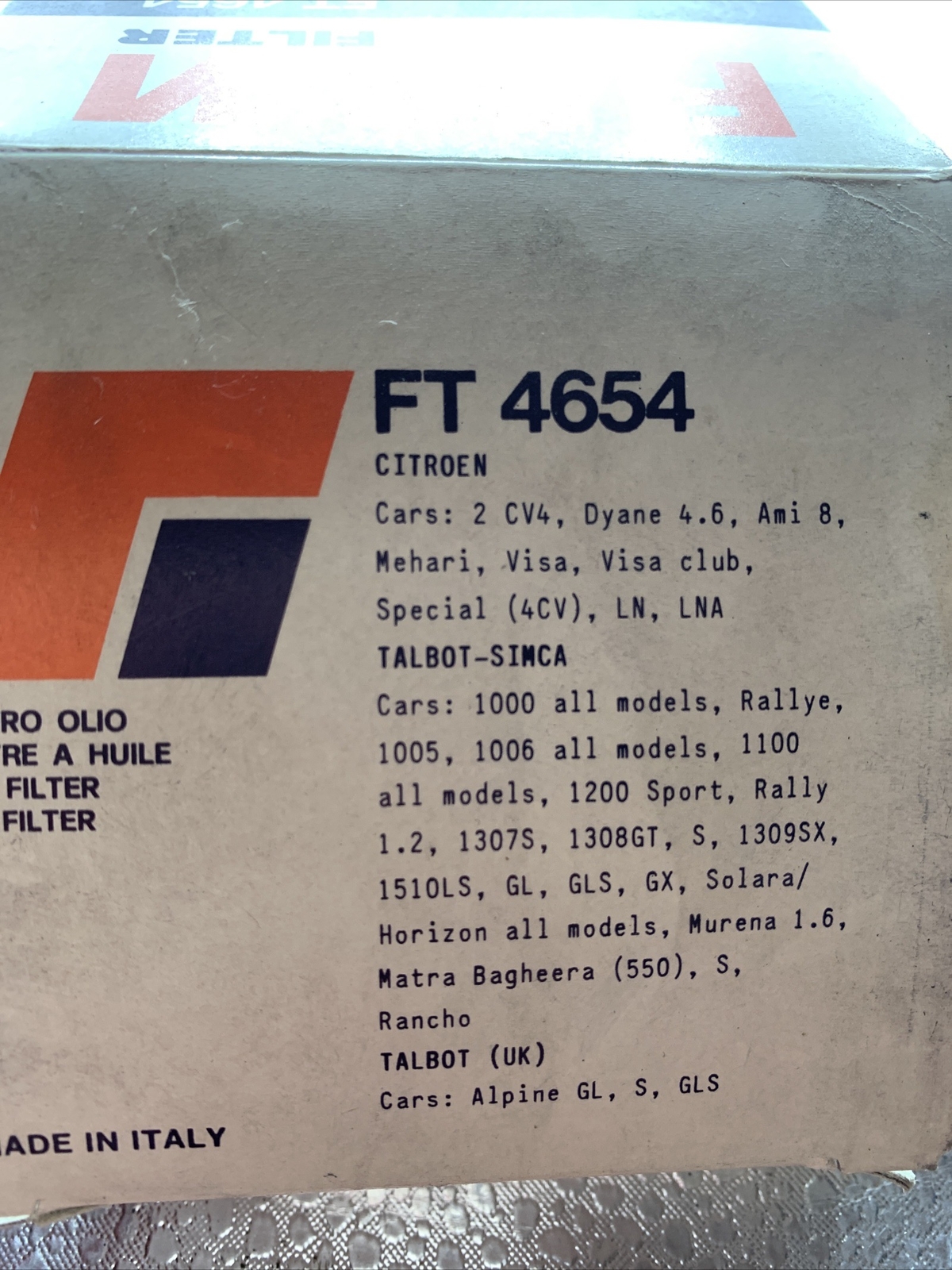 FT4654 Oil Filter Citroen 2CV-Dyane-Lna-C15-Ami-Mehari Peugeot 205-309 Talbot