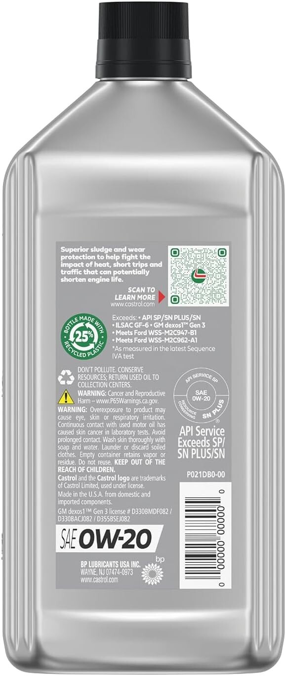 Castrol GTX Full Synthetic 0W-20 Motor Oil, 1 Quart (PACK OF 6 + FREE SHIPPING)