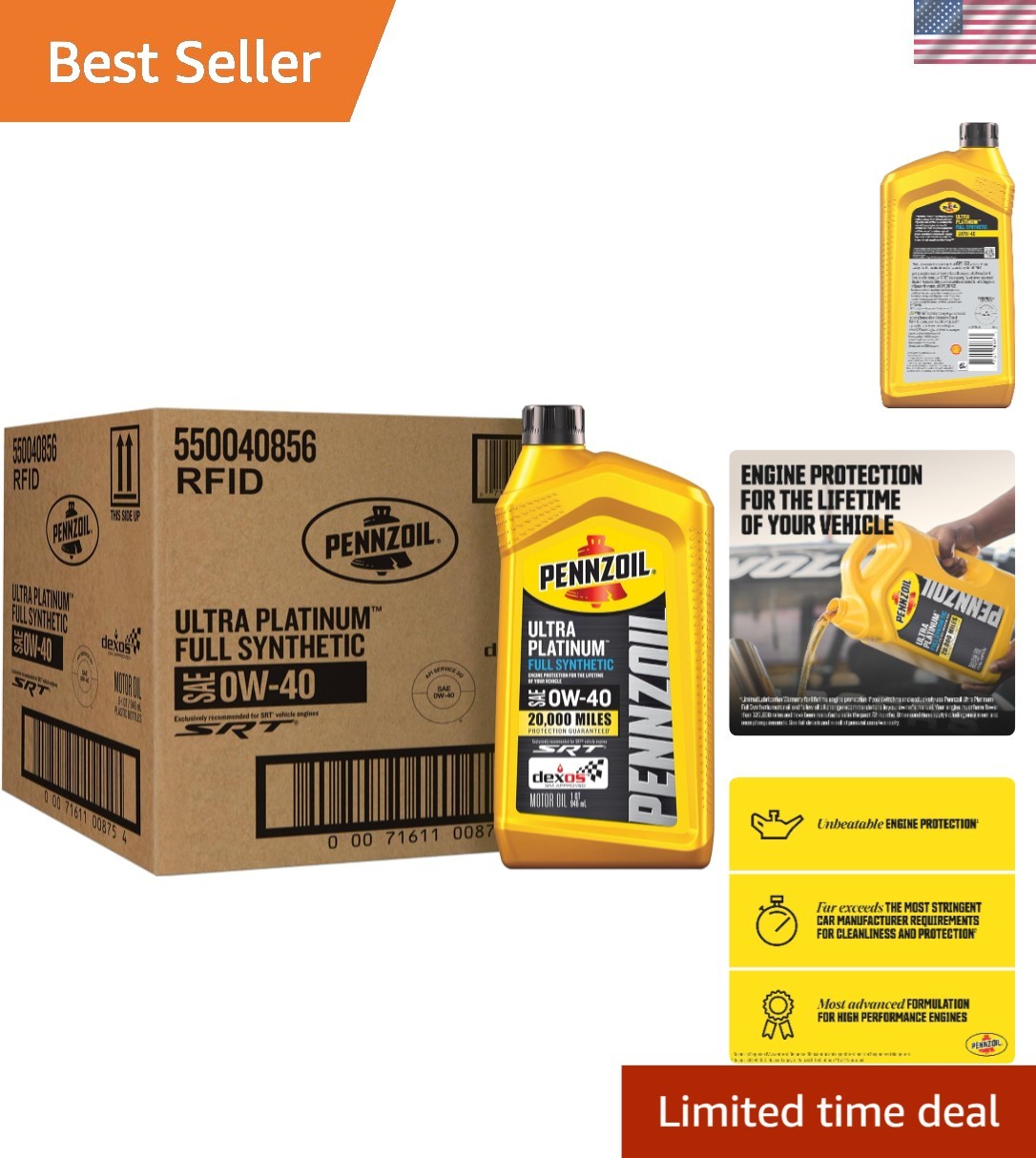 Ultra Platinum 0W-40 Motor Oil – 1 Quart Bottles, 6 Pack for Performance