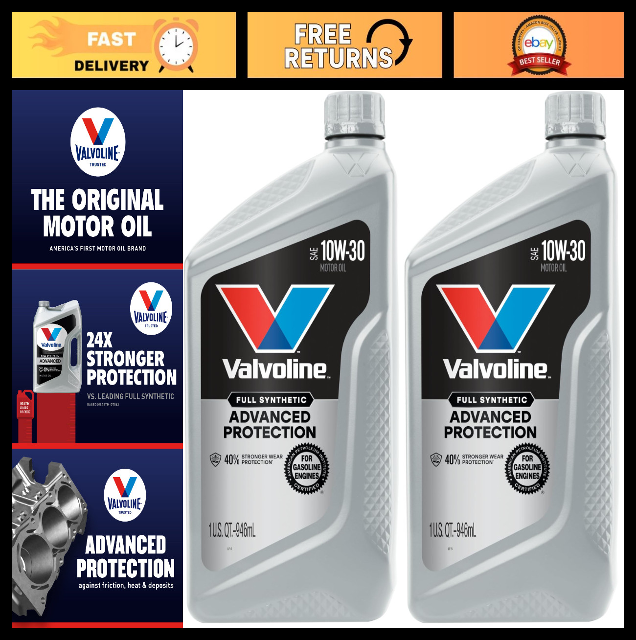 Full Synthetic Motor Oil 10W-30 – 1 QT, Pack of 2 | Advanced Engine Protection