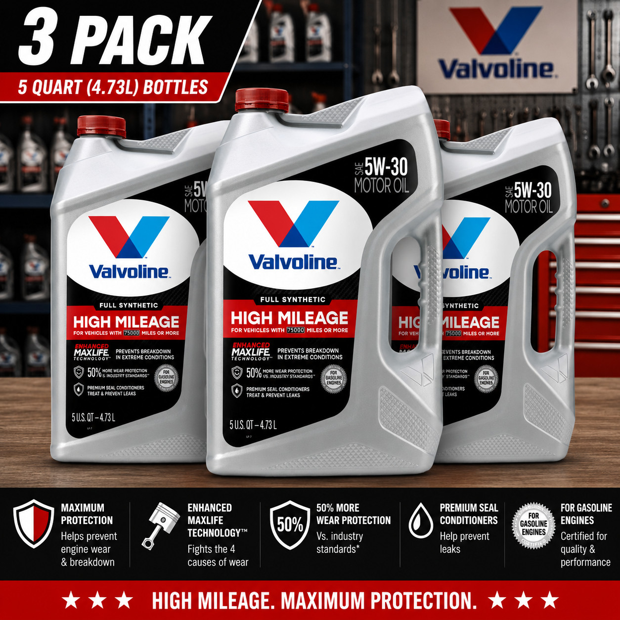 VALVOLINE 881169 MaxLife Full Synthetic High Mileage SAE 5W-30; Easy Pour 5Qt