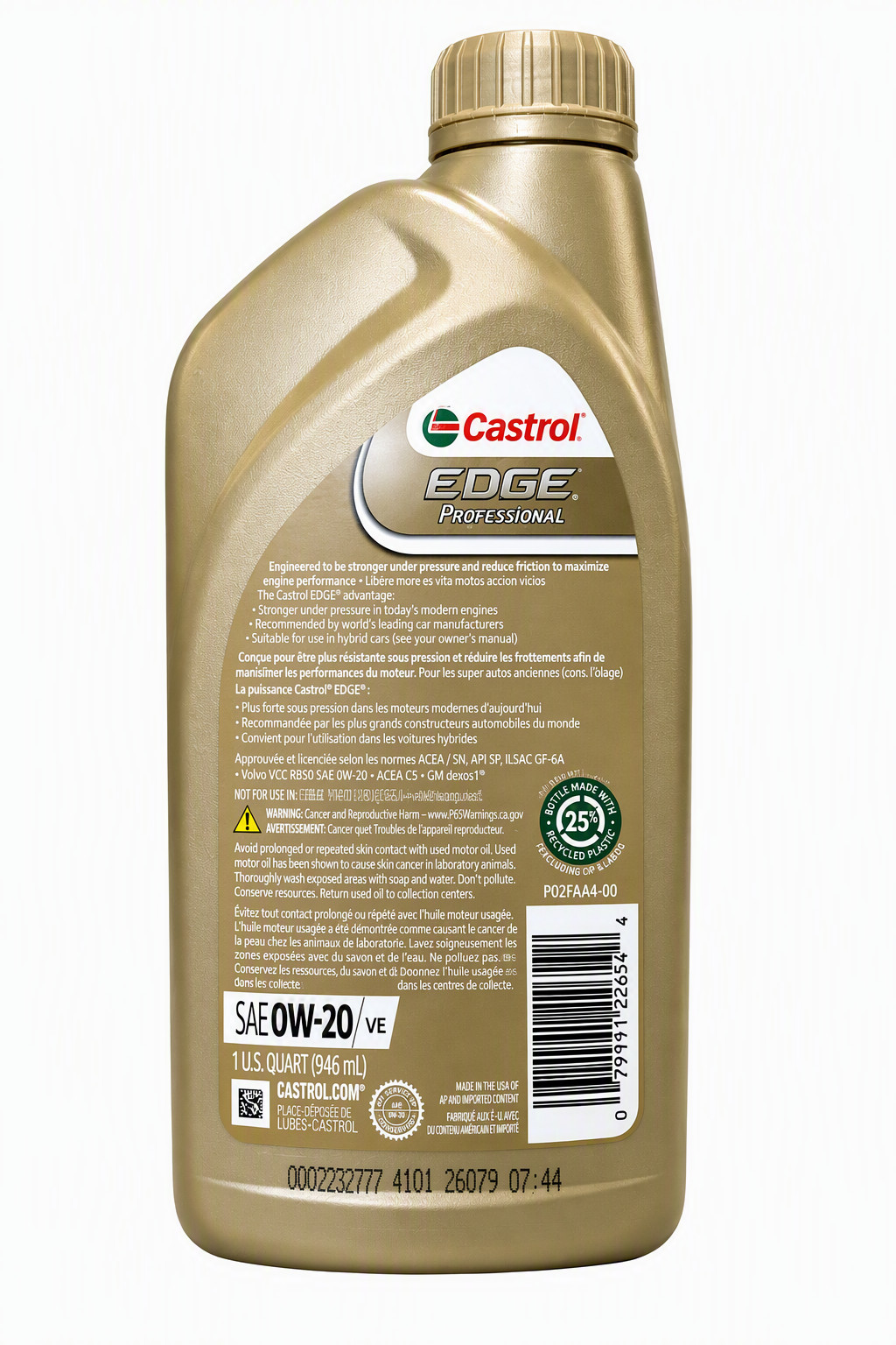 Castrol EDGE Professional V 0W-20 Full Synthetic Motor Oil, Case of 6-1 Qt Bott