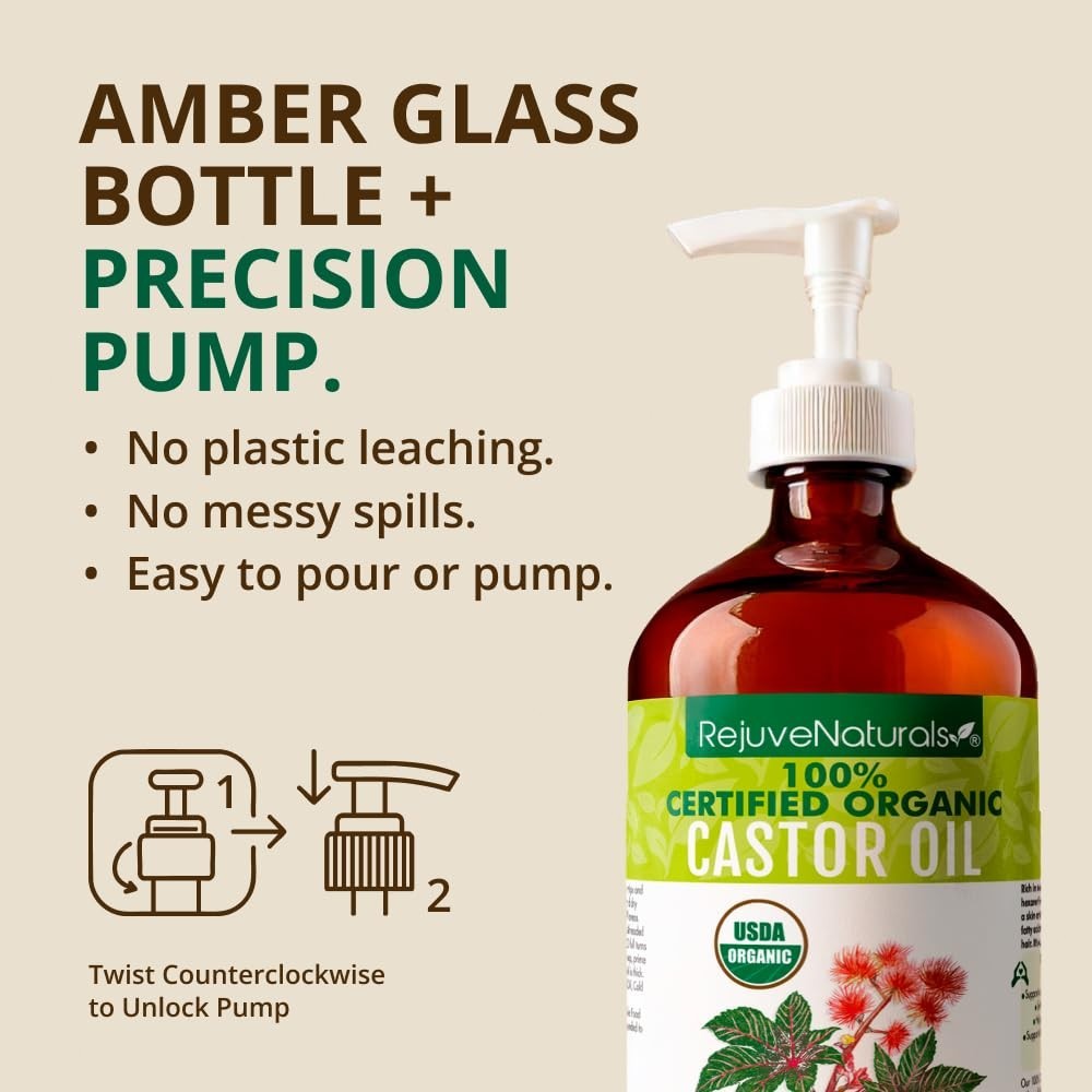 RejuveNaturals Castor Oil, 16 oz, USDA Organic, Cold Pressed for Hair & Lashes