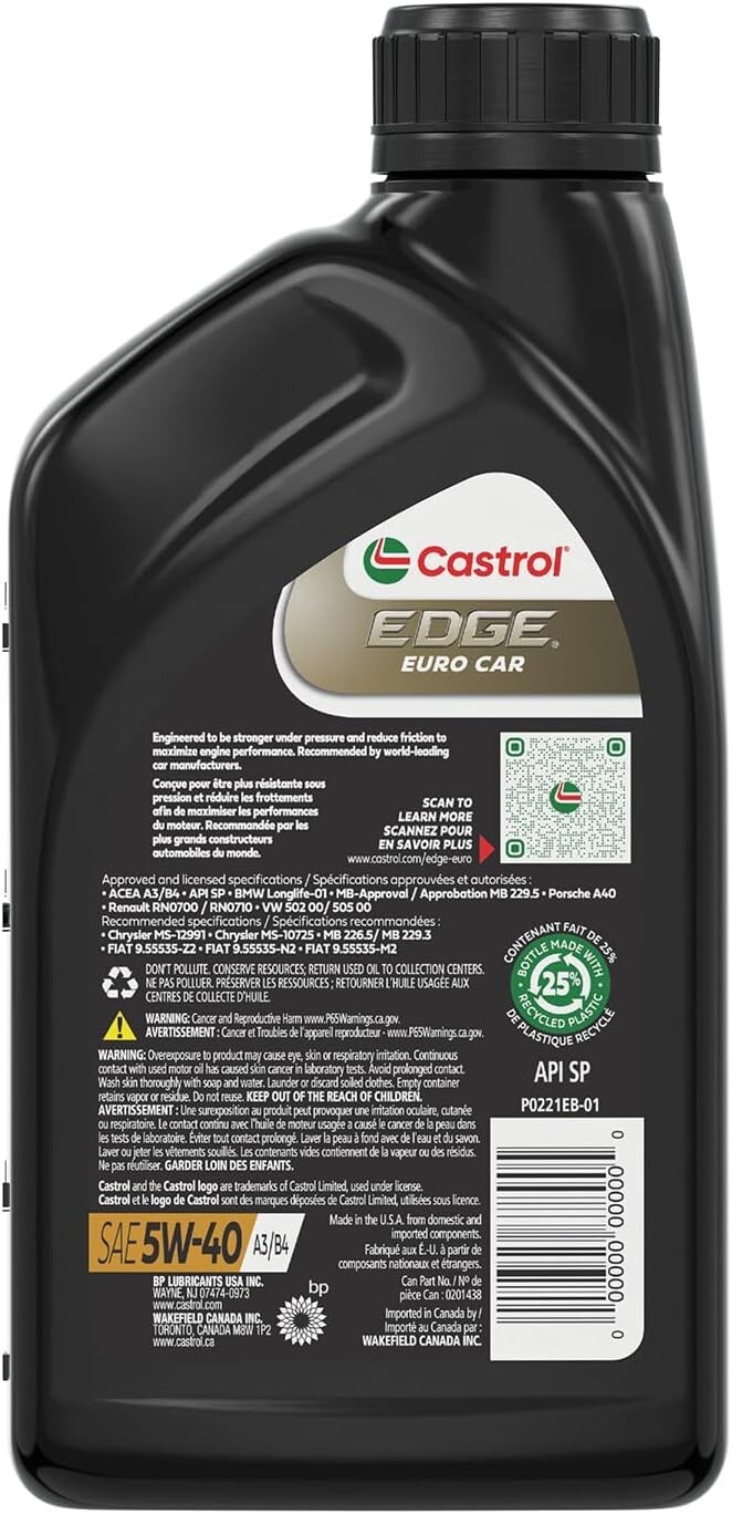 Castrol Edge Euro 5W-40 A3/B4 Advanced Full Synthetic Motor Oil,1 Qt,Pack of 6