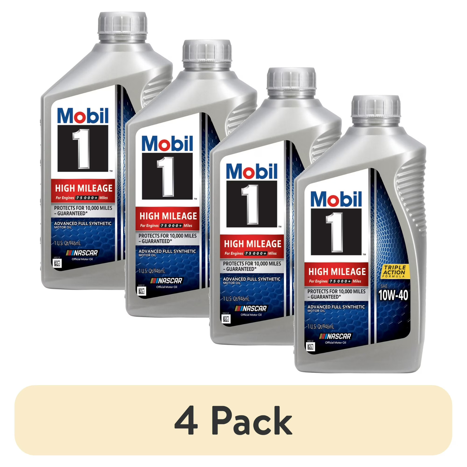 (4 pack) Mobil 1 High Mileage Full Synthetic Motor Oil 10W-40, 1 Quart