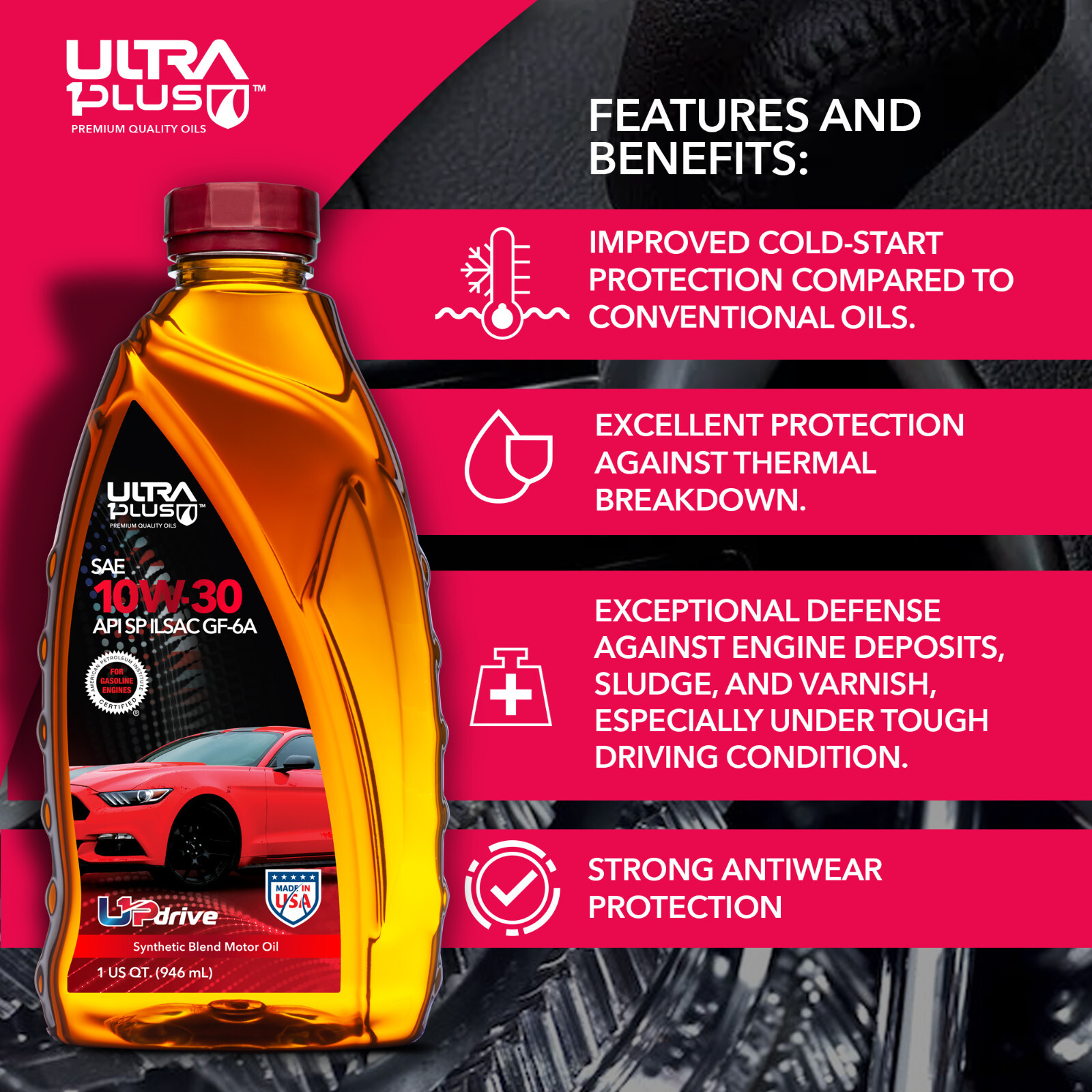 Ultra1Plus 10W-30 Synthetic Blend Motor Oil API SP ILSAC GF-6A (2 Gal – 8 QTS)