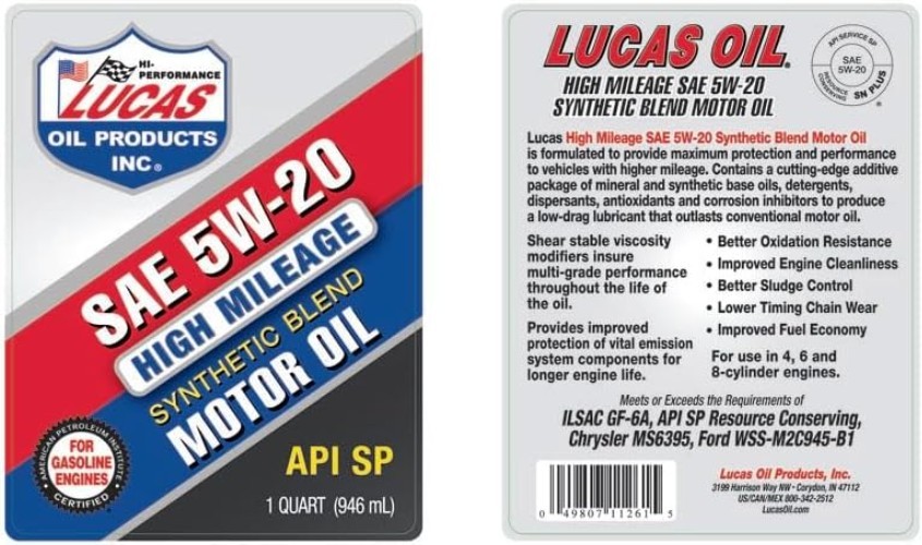 Synthetic Blend High Mileage SAE 5w-20 Motor Oil_ API SP 1 Quart Pack of 1