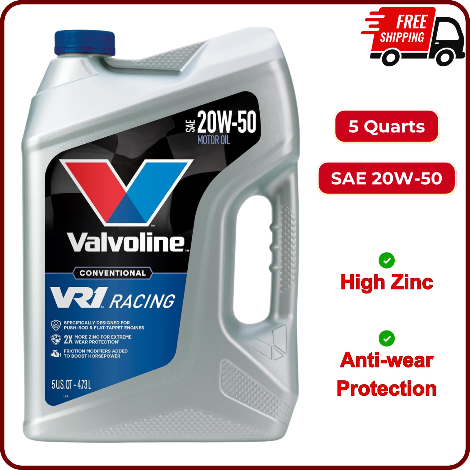 Valvoline VR1 Racing SAE 20W-50 For High Performance High Zinc Motor Oil 5 QT