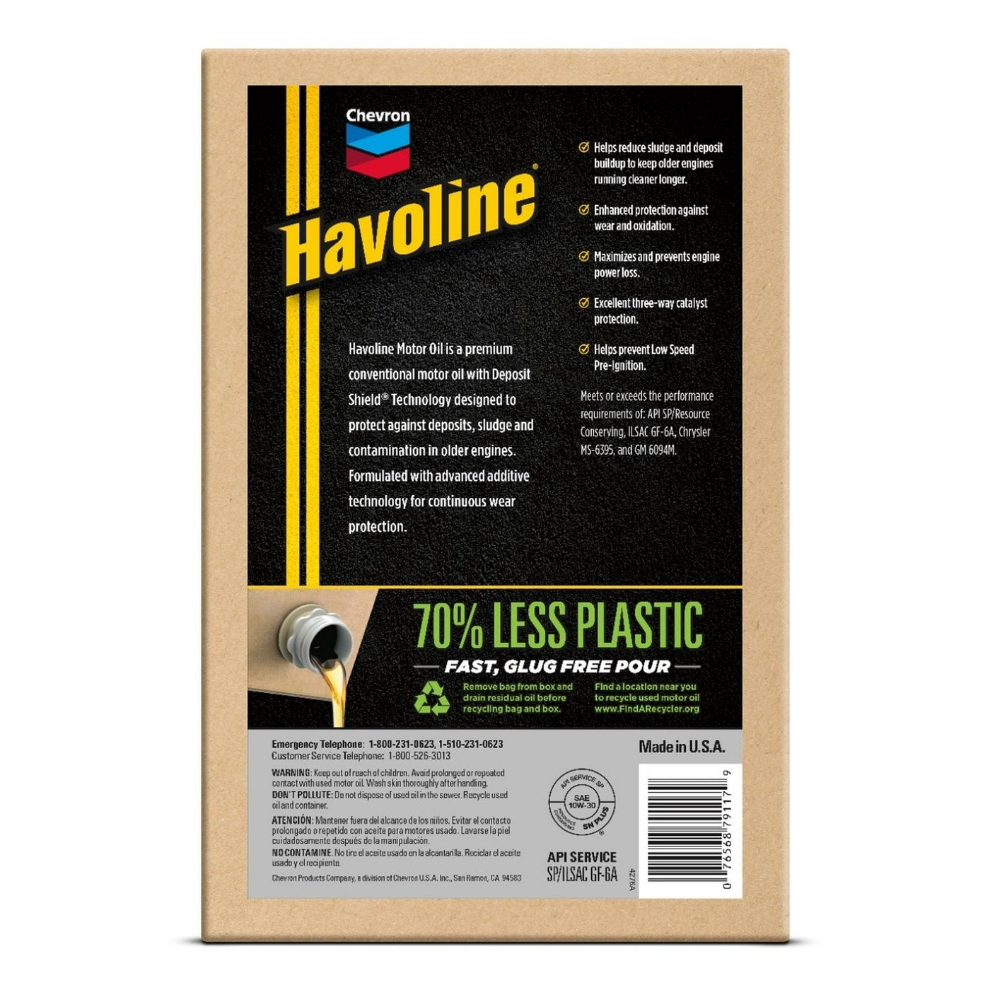 Chevron Havoline Conventional Motor Oil 10W-30, 6 Qt Smart Change Box Case Po/2