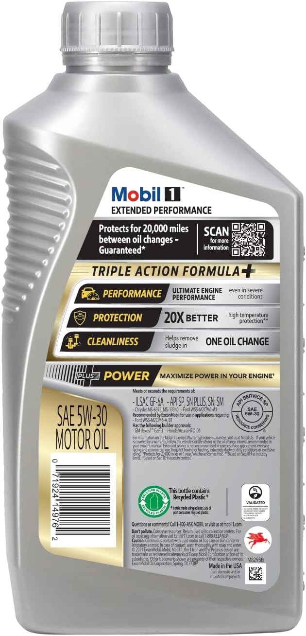 Mobil 1 Extended Performance Full Synthetic Motor Oil 5W-30, 6-pack of 1 quarts.