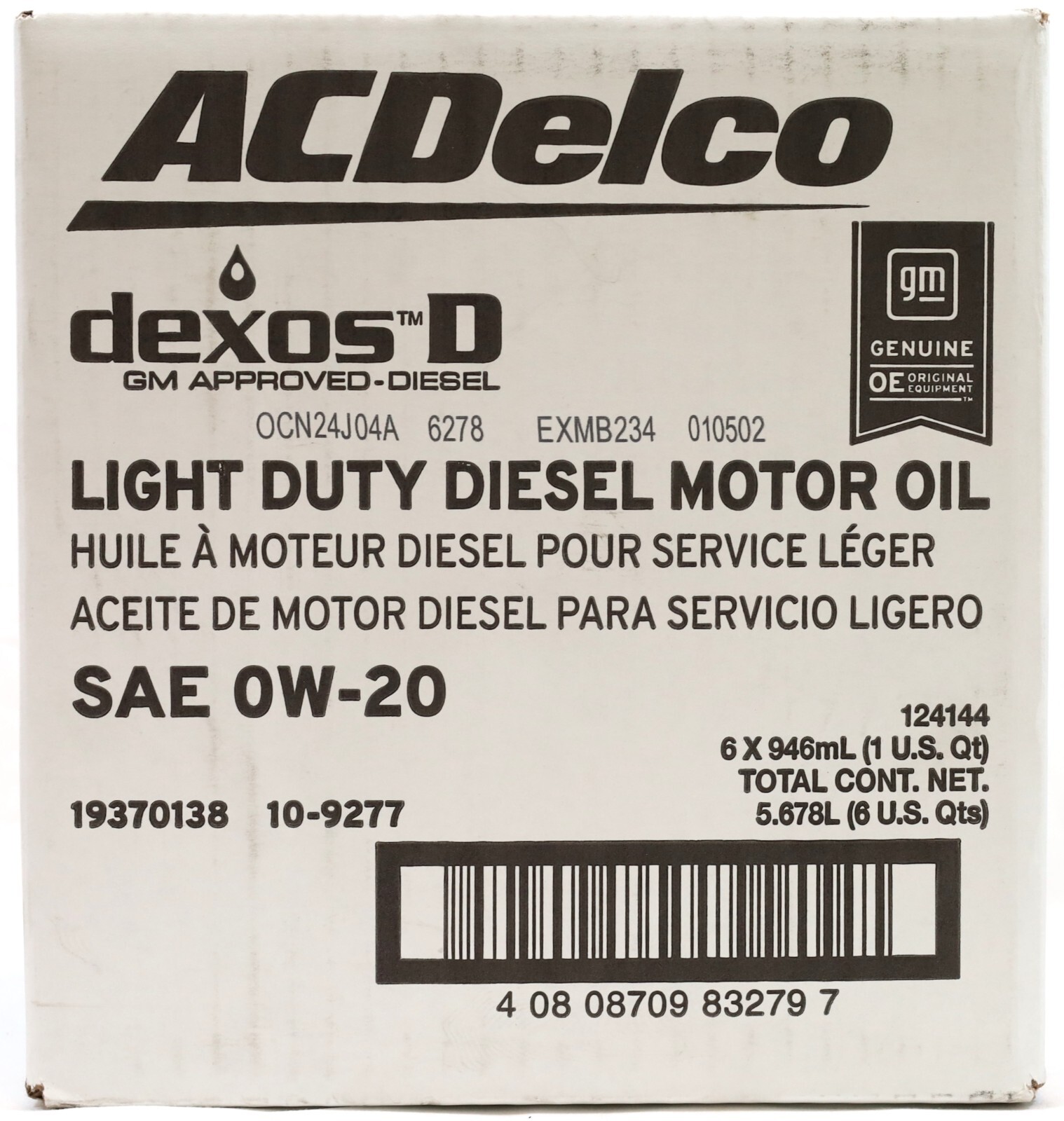 (x6) ACDelco 0W-20 dexosD Diesel Motor Oil 10-9277 19370138 3.0L LM2 LZ0 Duramax