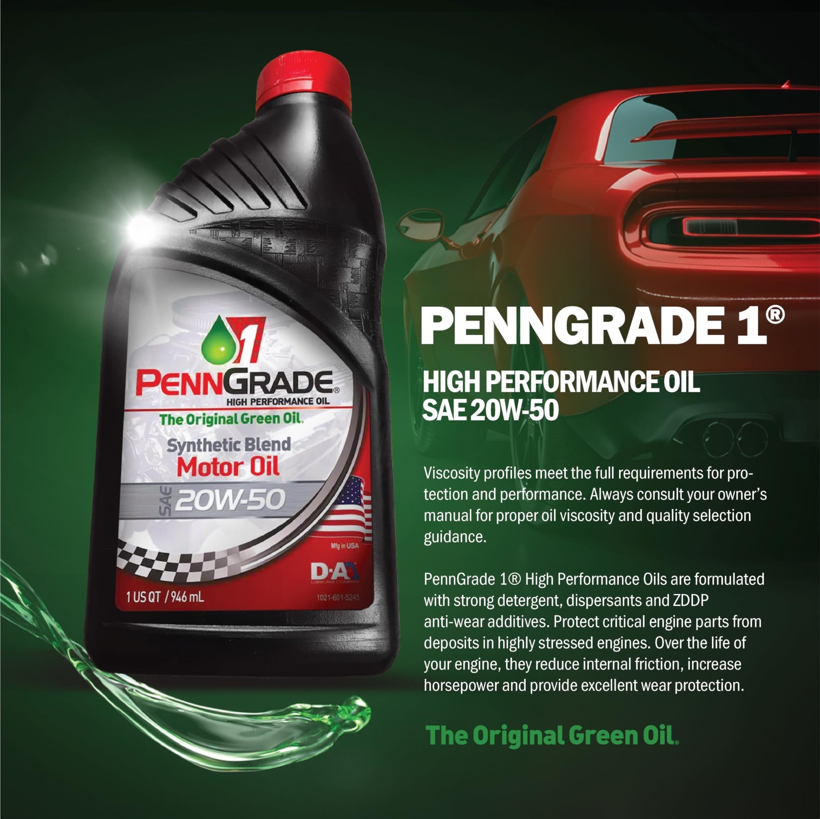 High Performance Synthetic Blend Oil SAE 20W-50, 1 Quart – Grade 1 Engine Lubric