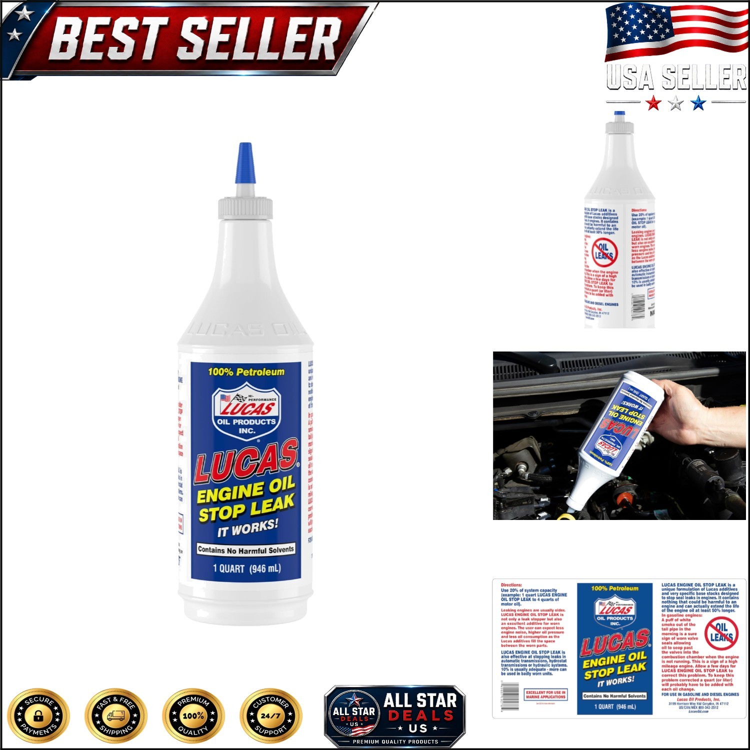 1 Quart Lucas Engine Oil Stop Leak – Renew Seals, Reduce Noise, Safe Formula