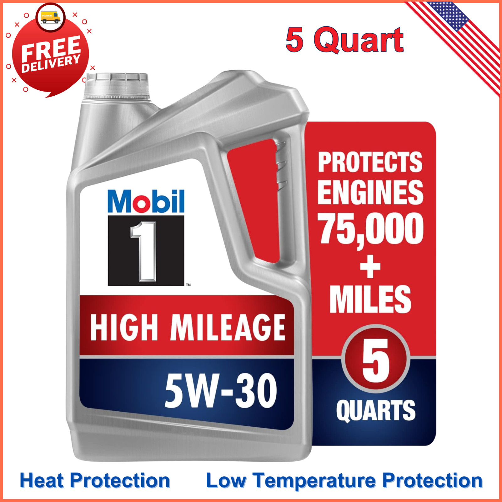 Mobil 1 High Mileage Full Synthetic Motor Oil 5W-30, 5 Quart, 160 Fluid Ounces