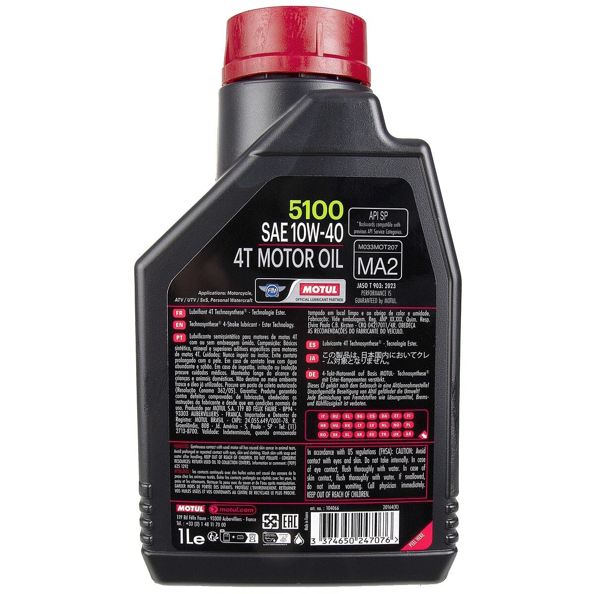 Motul 5100 SAE 10w40 Semi-Synthetic 2 Liter Motorcycle Scooter Quad 4 Stroke Engine Oil