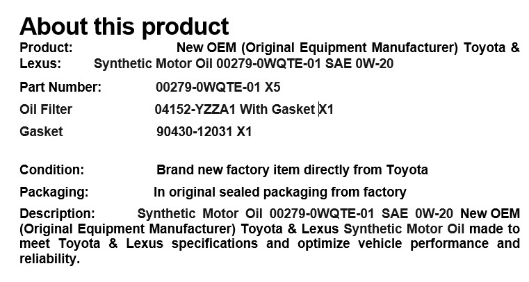 Toyota 5 Quarts 0W-20 Motor Oil +Oil Filter W/Gask+Drain Washer GENUINE OEM PART
