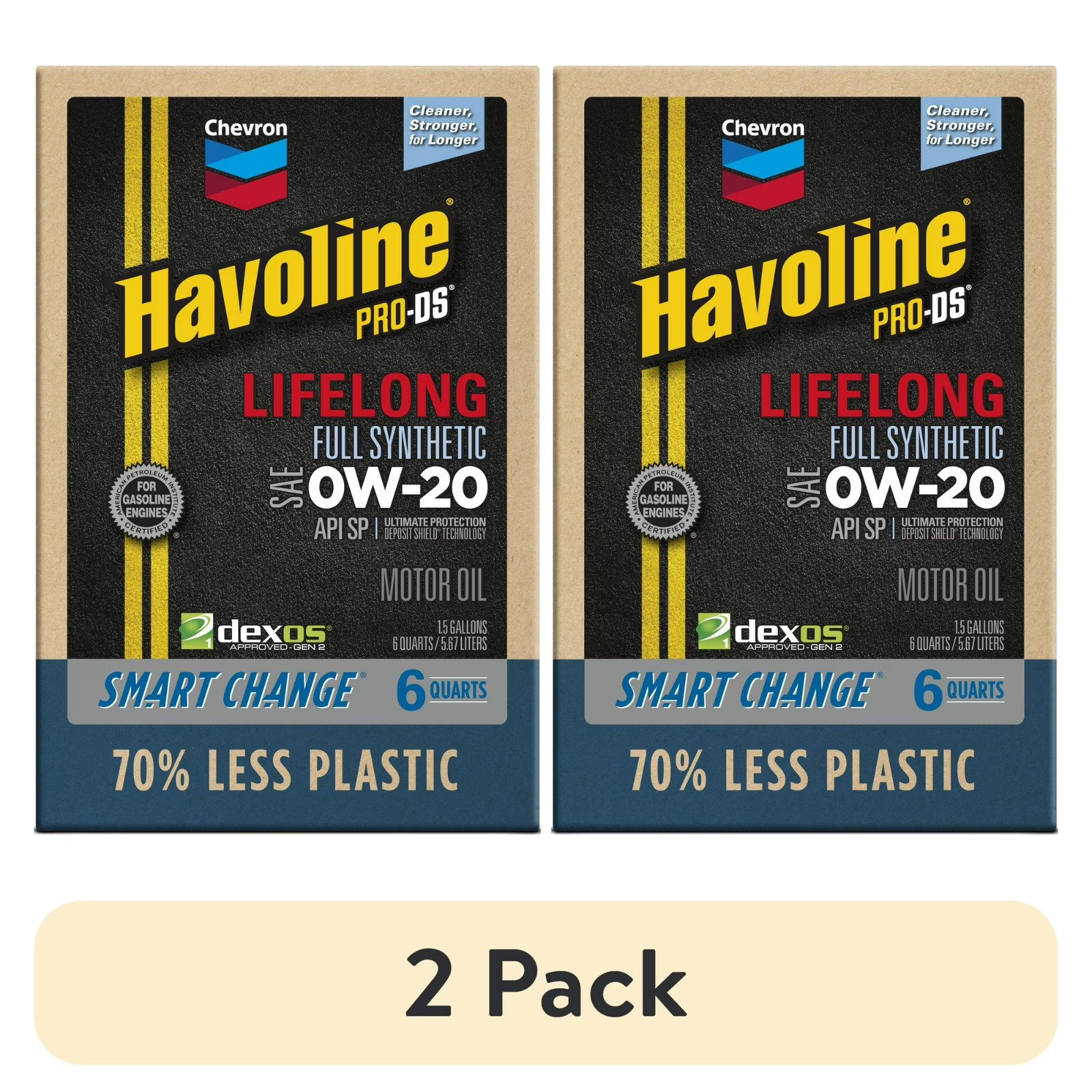 (2 pack) Chevron Havoline Lifelong 0W-20 Full Synthetic Motor Oil, 6 Quarts